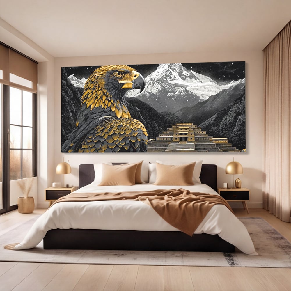 Tablou canvas cu tablou canvas cu vultur si templu aztec, fara rama, pe sasiu de lemn, pe perete intr-un dormitor